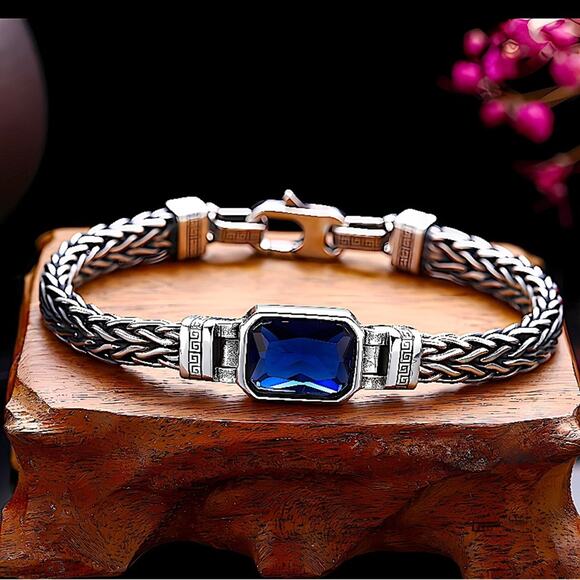 Sterling Silver Blue Zircon Braided Bracelet, Unisex, Handmade - Picture 8 of 15